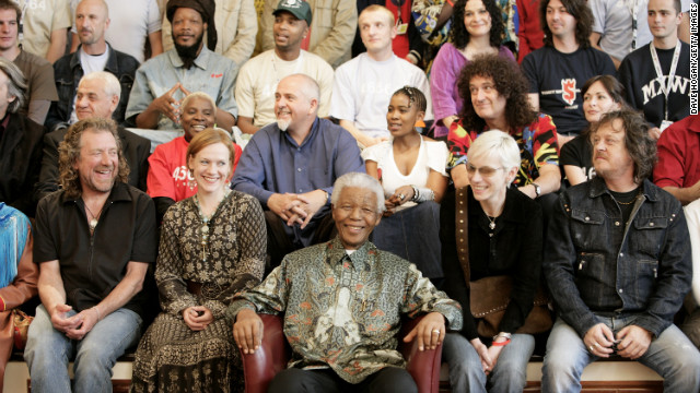 The "46664 Arctic" benefit concert was held in Tromso, Norway, on June 11, 2005. 46664 was Mandela's identification number in prison. Here, artists who performed at the event surround him.