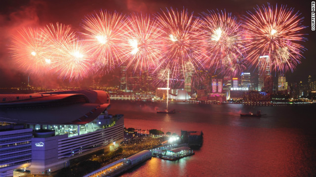 Firework's light up Hong Kong's Victoria Harbour. This year will see the city's midnight fireworks display journey across town for the first time, beginning out at the sea and moving along Victoria Harbour to the Hong Kong Convention and Exhibition Centre in Wan Chai.