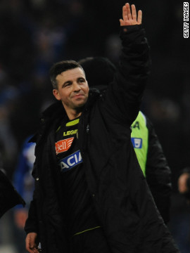 Udinese captain Antonio Di Natale salutes the sole traveling fan after the match, having scored in his team's 2-0 win at Stadio Luigi Ferraris in Genoa.
