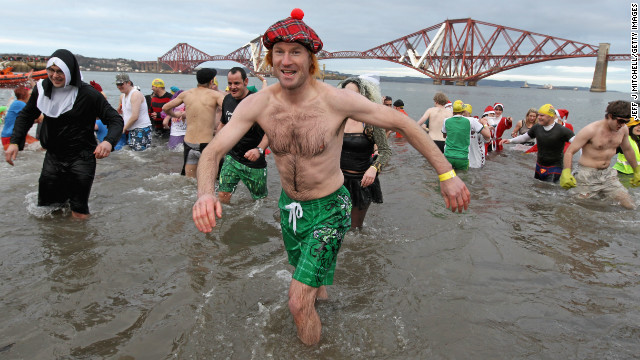 Every year around a 1000 New Year revellers brave freezing conditions in the River Forth in front of the Forth Rail Bridge during the annual Loony Dook Swim.
Similar sub-zero New Year soaks are found across the chillier corners of the northern hemisphere from Sweden to Siberia. 