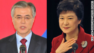 South Korean network YTN says Moon Jae-in, left, has conceded victory to Park Geun-hye.
