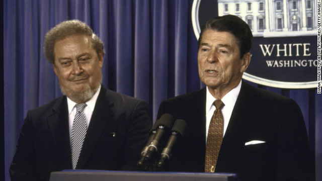 President Ronald Reagan speaks at a press conference with his Supreme Court Justice nominee Robert Bork.