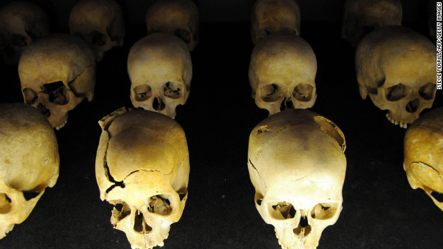 The skulls of victims of the 1994 Rwandan Genocide at the Kigali Genocide Memorial in Kigali, Rwanda on April 7, 2012.