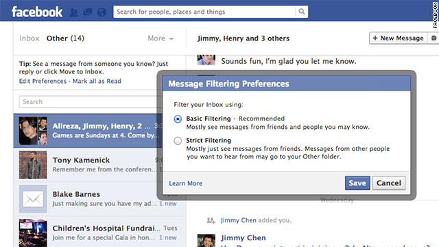 New changes to Facebook's messaging system include the ability to set filters on which messages you see.