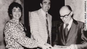 Adele and Joel Sandberg present their book of refusenik case histories to Israel\'s Prime Minister Menachem Begin, 1978.