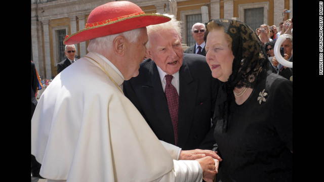 Pope Benedict XVI greets Thatcher in St. Peter's Square at the Vatican in May 2009. 