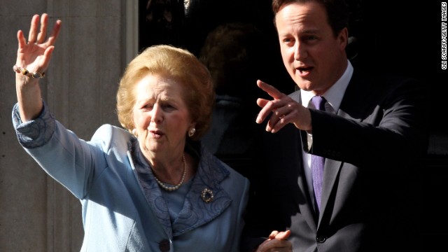 Margaret Thatcher, the first woman to become British prime minister, has died at 87 after a stroke, a spokeswoman said Monday, April 8. Known as the "Iron Lady," Thatcher, as Conservative Party leader, was prime minister from 1979 to 1990. Here she visits British Prime Minister David Cameron at 10 Downing Street in London in June 2010. 