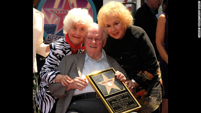 Durning poses with Charlotte Rae, left, and Doris Roberts, right, while being honored with a star on the Hollywood Walk of Fame on July 31, 2008.