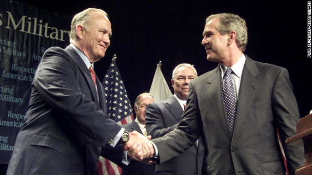 Republican presidential candidate and Texas Gov. George W. Bush and Schwarzkopf on stage after their speeches to veterans at Wright State University in Dayton, Ohio, on September 7, 2000. 