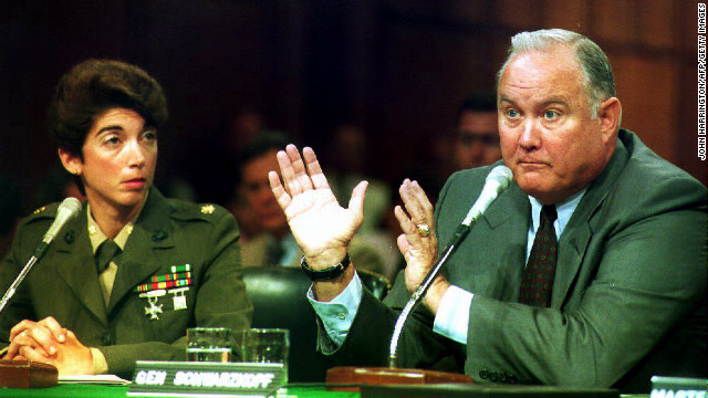 Schwarzkopf testifies before the Senate Armed Services Committee on May 11, 1993, alongside Maj. Kathleen Bergeron of the U.S. Marine Corps. Schwarzkopf and Bergeron defended the ban on gays in the military.