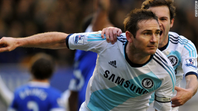 Frank Lampard is congratulated by Juan Mata after scoring Chelsea's second goal at Everton in a 2-1 win.