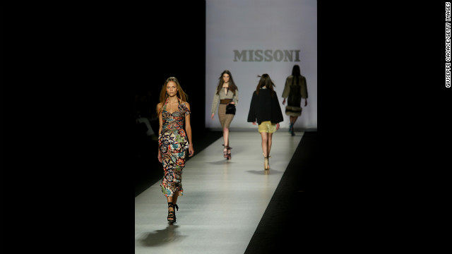 Models walk down the runway at the Missoni show during Milan Fashion Week on February 23, 2005. The private company is based in Milan and one of the premier fashion houses.