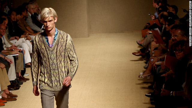 A model walks the runway during Missoni fashion show during Milan Fashion Week on June 21, 2008. The high-end fashion label is known for its patterned knitwear and signature zigzag stripe.