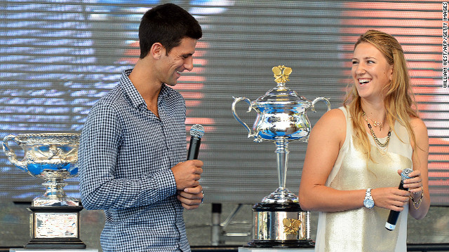 Defending Australian Open champions Novak Djokovic and Victoria Azarenka at the draw in Melbourne