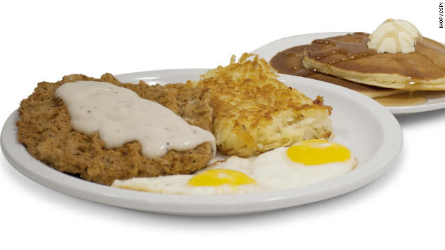 IHOP's country fried steak and eggs comes with two eggs, hash browns and two buttermilk pancakes for a total calorie count of 1,760. It also has 3,720 milligrams of sodium.