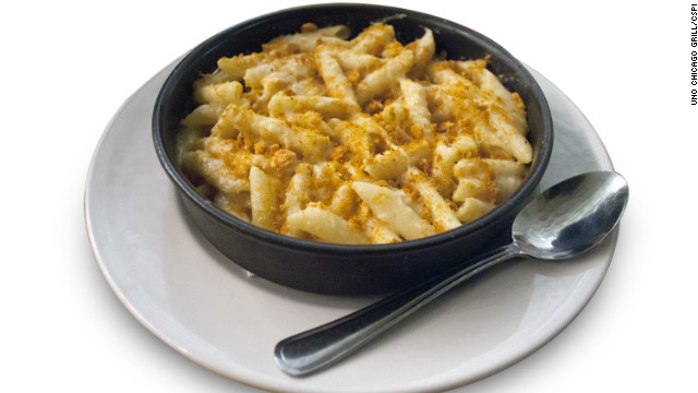 Uno Chicago Grill's deep dish macaroni and three cheese has 1,980 calories, 71 grams of saturated fat and 3,110 milligrams of sodium. CSPI compares it to eating a family-size container of Stouffer's macaroni and cheese with half a stick of melted butter on top. 