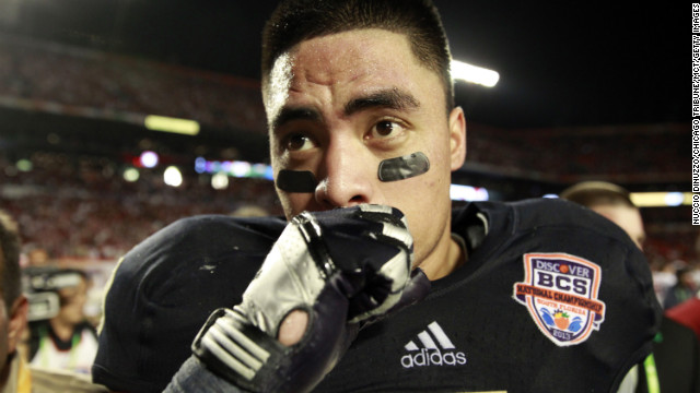 The sports world and the Internet are abuzz as Notre Dame linebacker Manti Te'o says <a href='http://www.cnn.com/2013/01/16/sport/manti-teo-controversy/index.html'>he was the victim of a "sick joke"</a> that resulted in the creation of an inspirational story that had him overcoming the death of an online girlfriend at the same time he lost his grandmother. Here, Te'o leaves the field after a 42-14 loss against Alabama in the 2013 Discover BCS National Championship game on Monday, January 7, in Miami Gardens, Florida. See more photos of Te'o: