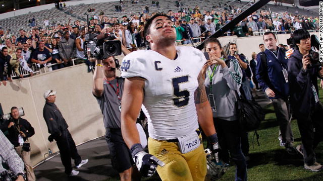 Te'o reacts after Notre Dame beats Michigan State 20-3 at Spartan Stadium in East Lansing, Michigan, on September 15, 2012.