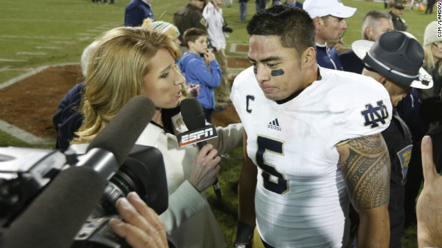 Te'o is interviewed by ESPN after the game between the Oklahoma Sooners and the Notre Dame Fighting Irish in Norman, Oklahoma, on October 27. The Fighting Irish defeated the Sooners 30-13.