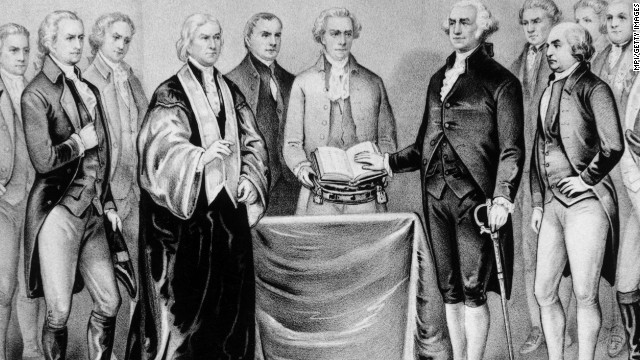 Sword by his side, George Washington takes his inaugural oath as the first president of the United States on April 30, 1789.