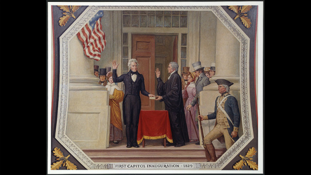 Andrew Jackson was inaugurated for his first term on March 4, 1829, on the east portico of the U.S. Capitol.