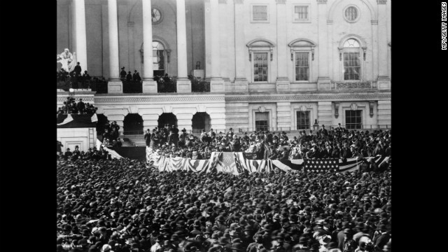 William McKinley takes his first the oath of office on March 4, 1897.