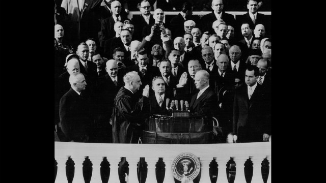 Dwight D. Eisenhower takes the oath of office on January 20, 1953.