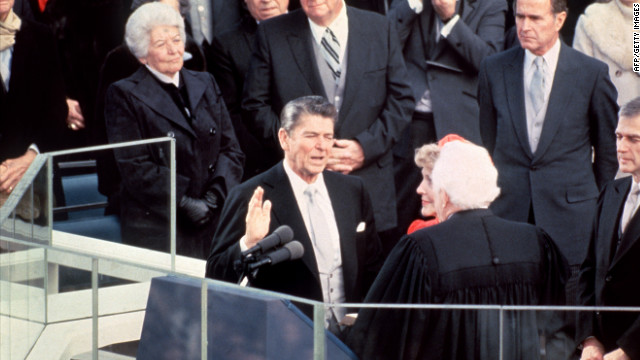 Ronald Reagan is sworn in as 40th president of the United States on January 20, 1981.