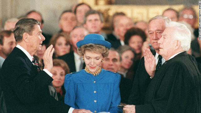 Ronald Reagan is sworn in on January 21, 1985, at the U.S. Capitol for his second term by Supreme Court Chief Justice Warren Burger.