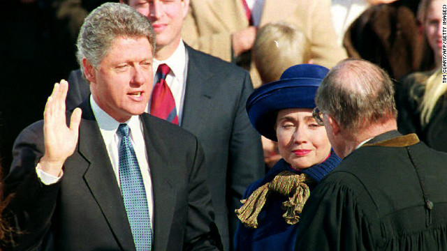 Bill Clinton takes his first inaugural oath on January 20, 1993.