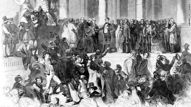 Chief Justice Roger B. Taney administers the oath of office to Franklin Pierce on the east portico of the U.S. Capitol on March 4, 1853.