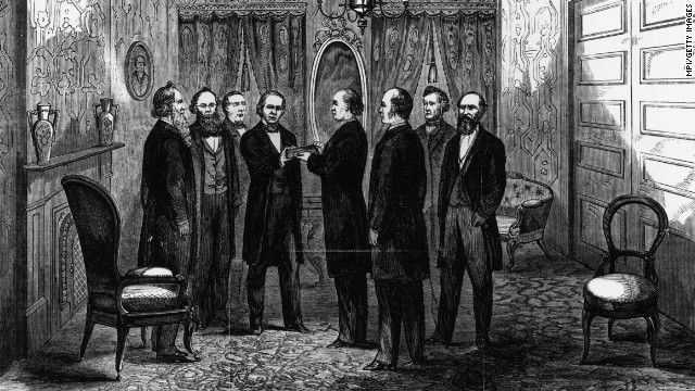 Andrew Johnson takes the oath of office from Chief Justice Salmon P. Chase in Washington on April 15, 1865, after the assassination of Abraham Lincoln. 