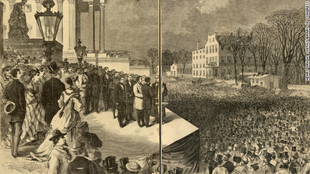 Ulysses S. Grant takes his first oath of office, administered by Chief Justice Salmon P. Chase, on the east portico of the U.S. Capitol in Washington on March 4, 1869.