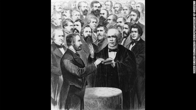 Chief Justice Salmon P. Chase administers the oath of office for Ulysses S. Grant's second term on March 4, 1873.