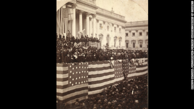 Rutherford B. Hayes takes the oath of office from Chief Justice Morrison R. Waite on the east portico of the U.S. Capitol on March 5, 1877.