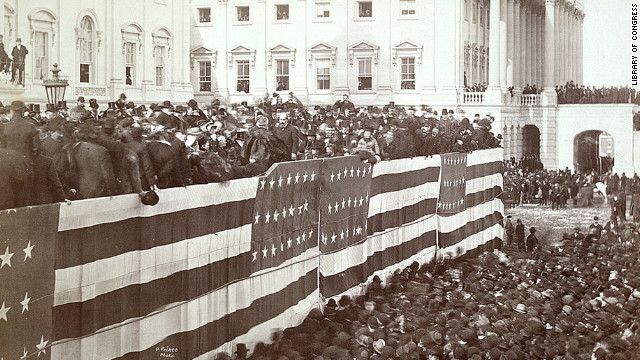 Chief Justice Morrison R. Waite administers the oath of office to James A. Garfield on the east portico of the U.S. Capitol on March 4, 1881.