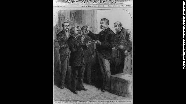 New York Supreme Court Justice John R. Brady administers the oath of office to Vice President Chester A. Arthur in a private ceremony in Arthur's residence in New York on September 20, 1881, after the assassination of President James A. Garfield.