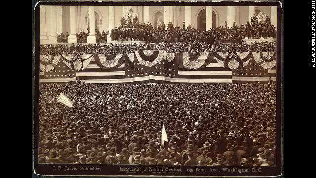 Grover Cleveland delivers his first inaugural address to the crowd on the east portico of U.S. Capitol on March 4, 1885.