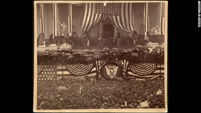 Chief Justice Melville W. Fuller administers the oath of office to Benjamin Harrison on the east portico of the U.S. Capitol on March 4, 1889. Harrison served between Cleveland's two terms.