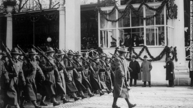 Soldiers pass the viewing stand during the inaugural ceremony for Woodrow Wilson's second term on March 4, 1917.