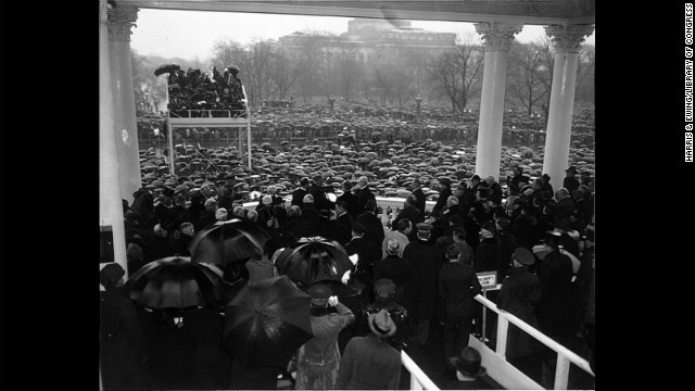 Chief Justice Charles Evans Hughes Sr. administers the oath of office to Franklin D. Roosevelt for his second term on January 20, 1937. This marked the first January event; before this, inaugurations were traditionally held in March.