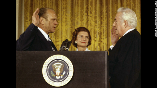 Supreme Court Chief Justice Warren Burger swears in Gerald Ford on August 9, 1974, after the resignation of President Richard Nixon.