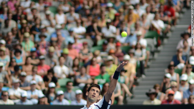 Novak Djokovic of Serbia serves against Radek Stepanek of the Czech Republic during their men's singles match on Day Five of the Australian Open in Melbourne, Australia, on Friday, January 18. Djokovic won 6-4, 6-3, 7-5. The two-week tennis tournament continues through January 27.