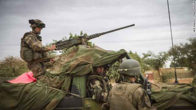 Members of the French army arrive at a base camp in Sevare, Mali, on January 25. French and Malian troops advanced on the key Islamist stronghold of Gao after recapturing the northern town of Hombori as the extremists bombed a strategic bridge to thwart a new front planned in the east. 