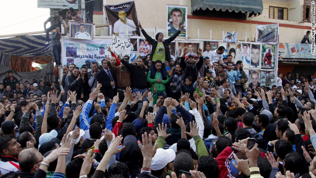 Protesters and fans of Al-Masry football club take part in a demonstration in front of the prison in Port Said.