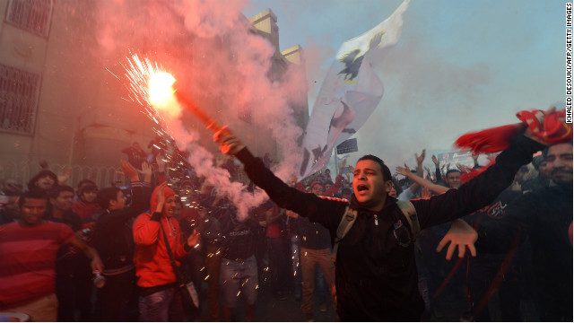 Al-Ahly football club supporters celebrate on January 26.