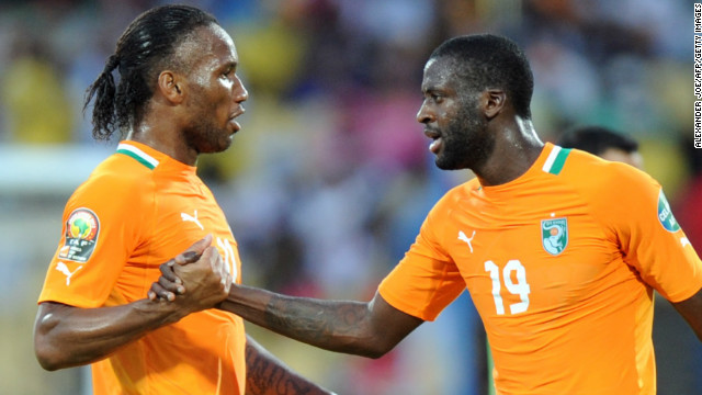 Substitute Didier Drogba (left) celebrates with Yaya Toure after the midfielder put the Ivory Coast 2-0 ahead near the end of the Africa Cup of Nations Group D match against Tunisia in Rustenburg.