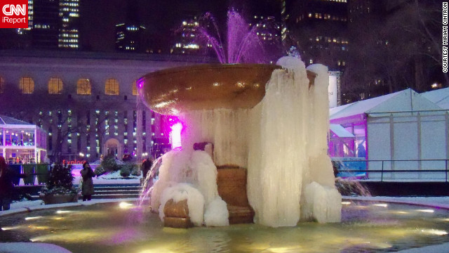 That is quite the frozen fountain in New York's Bryant Park. Miriam Cintron heard about the spectacle January 25 on Twitter and wanted to capture the moment. "I think the frozen fountain epitomizes just how cold it has been in NYC this past week," she said. "If you spill coffee on the sidewalk, it will freeze in minutes."