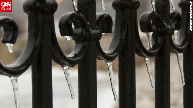 Ice photography can be "a contact sport ... with the ground," says Kevin Cavallin, a biologist and amateur photographer in Ames, Iowa. He came close to falling a few times trying to kneel down to get a good shot of icicles on a railing. Be careful out there!