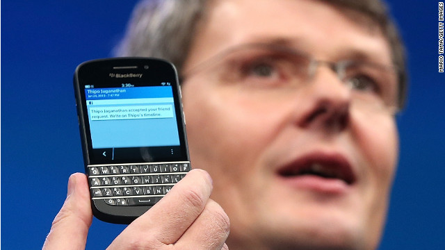 BlackBerry CEO Thorsten Heins displays one of the new Blackberry 10 smartphones at the product launch January 30.